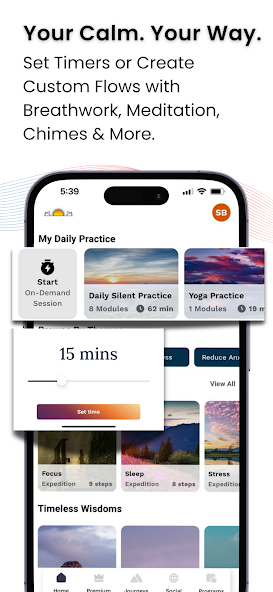 Art of Living daily practice screen with a meditation timer