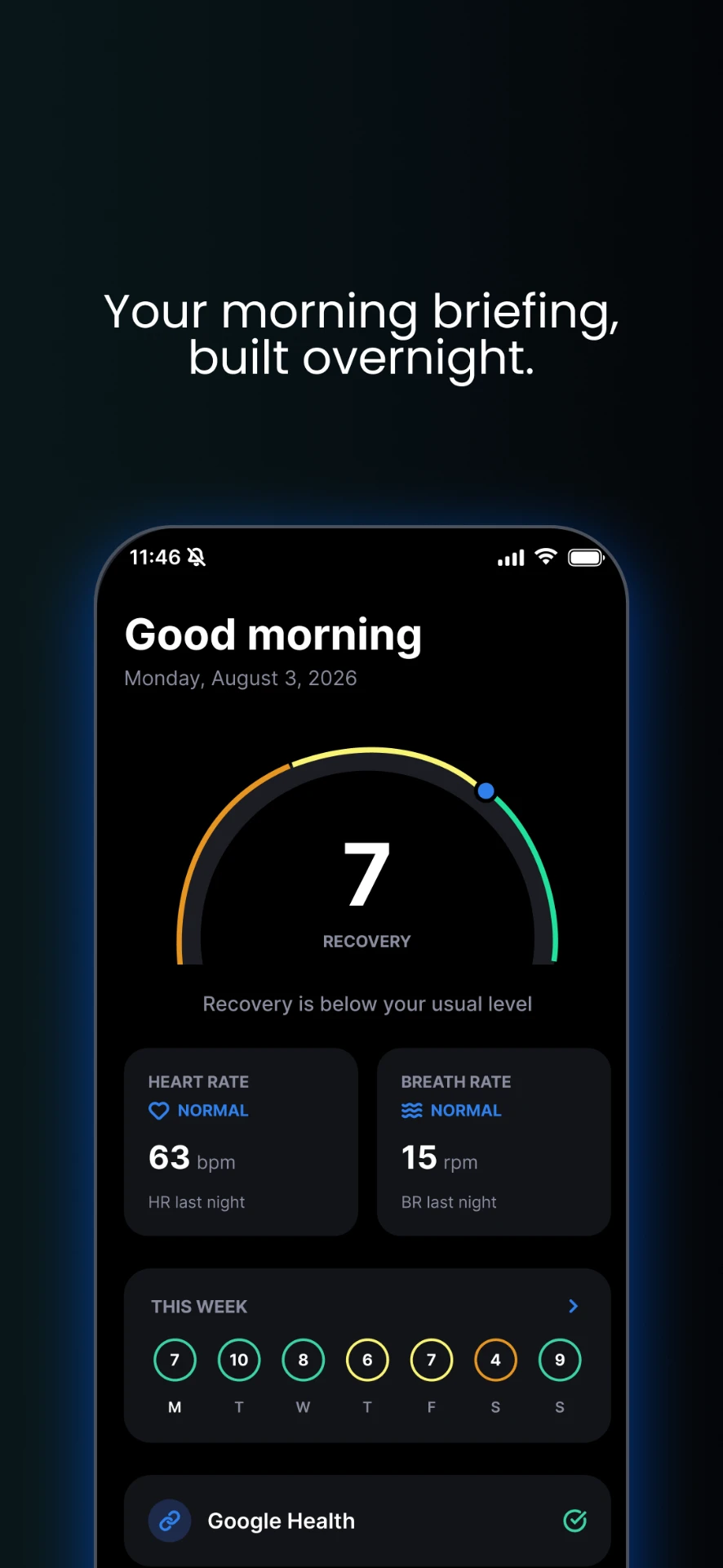 Dozee Home recovery score screen showing a recovery of 7